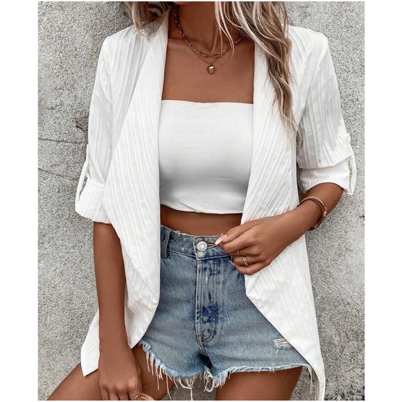 Ribbed Open front Cuffed Sleeve Blazer Jacket - Picture 11 of 13